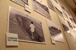 発掘当時のモノクロの写真を壁に貼って展示している写真