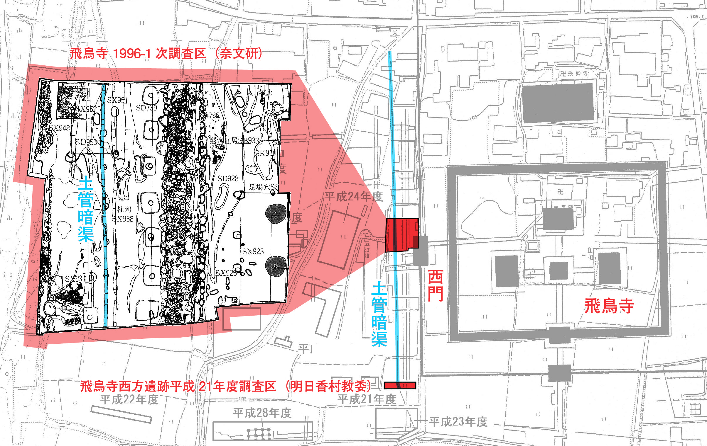 飛鳥寺西門付近の土管発掘地点の地図