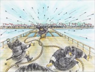 大海人側が瀬田橋で沢山の矢を射ってきたイラストの画像